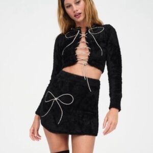 For Love And Lemons Black Faux Fur Rhinestone Top & Skirt Set NW/OT, M/L